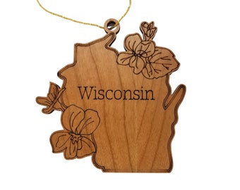 Wisconsin Wood Ornament -  WI State Shape with State Flowers Wood Violet Blue Violet - Handmade Wood Ornament Made in USA Christmas Decor