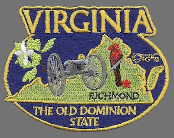 Virginia Patch – VA State Travel Patch Souvenir Applique 3" Iron On The Old Dominion State Richmond Cannon Cardinal Flowering Dogwood