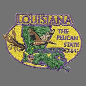 Louisiana Patch – LA State Travel Patch Souvenir Embellishment or Applique 3&quot; The Pelican State Baton Rouge Mardi Gras Jester Iron On