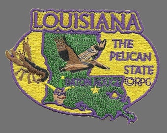 Louisiana Patch – LA State Travel Patch Souvenir Embellishment or Applique 3" The Pelican State Baton Rouge Mardi Gras Jester Iron On