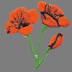 May include: Orange embroidered poppy flowers with black centers and green stems.