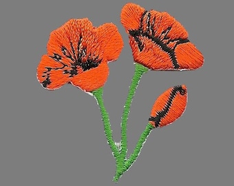 May include: Orange embroidered poppy flowers with black centers and green stems.