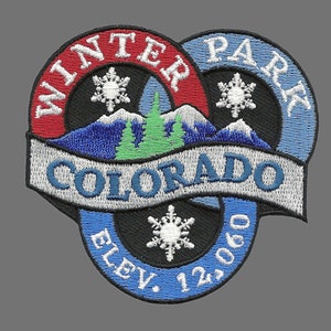 May include: Embroidered patch with a blue, red, and white design. It features the words "Winter Park Colorado" and "Elev. 12,060" with a mountain and snowflake design.