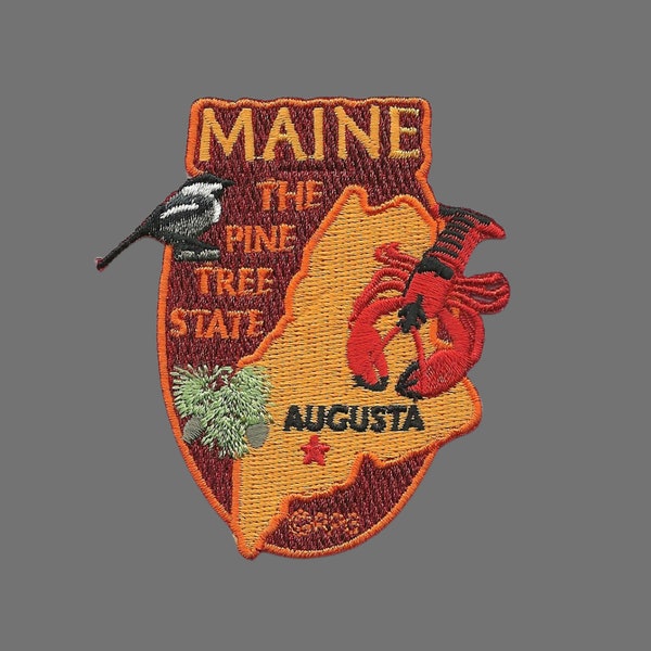 Maine Patch – State Travel Patch ME Souvenir Embellishment or Applique 3" The Pine Tree State Augusta Capital Iron On Black Capped Chickadee