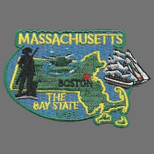 Massachusetts Patch – MA State Travel Patch Souvenir Embellishment or Applique 3&quot; The Bay State Boston Iron on Blue Crab Mayflower