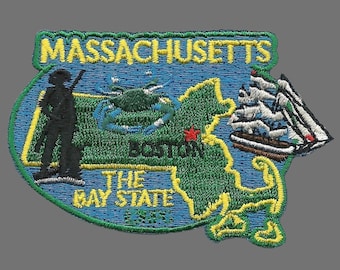 Massachusetts Patch – MA State Travel Patch Souvenir Embellishment or Applique 3" The Bay State Boston Iron on Blue Crab Mayflower