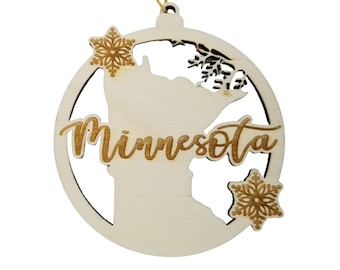 Minnesota Wood Ornament -  MN State Shape with Snowflakes Cutout - Handmade Wood Ornament Made in USA Christmas Decor