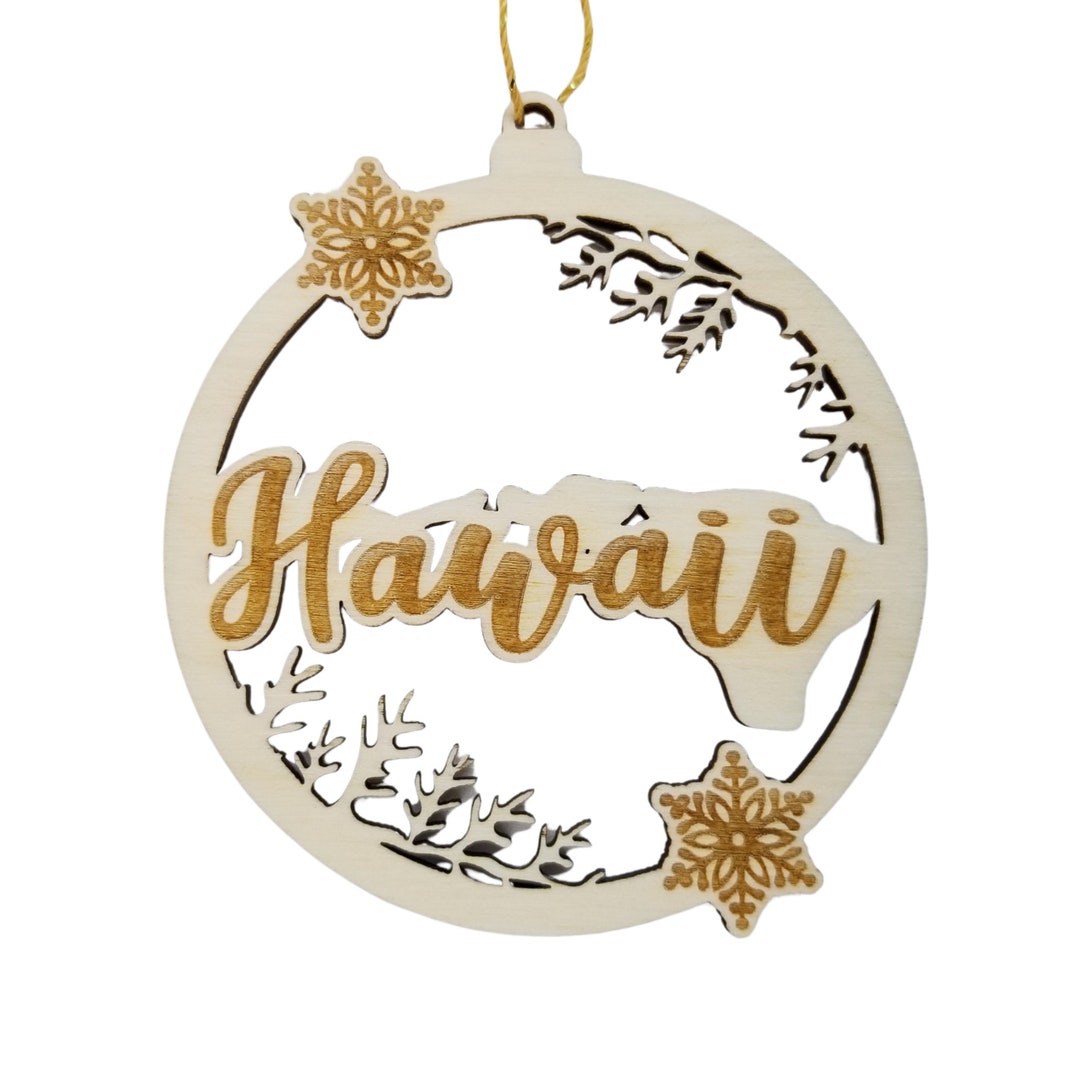 Hawaii Wood Ornament - HI State Shape With Snowflakes Cutout - Handmade ...