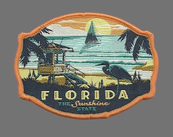 Florida Patch – FL The Sunshine StateTravel Patch – Souvenir Patch – Embellishment Applique –  3.53&quot; Iron On Beach Scene
