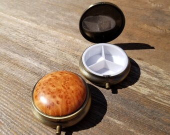 Handmade Pill Box 3 Sections California Redwood Burl Top #415 Souvenir Memento Rustic Antique Bronze