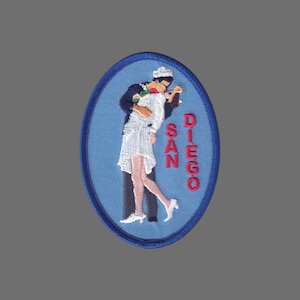San Diego California Patch Sailor and Nurse Kissing Blue Oval Iron On Applique or Embellishment