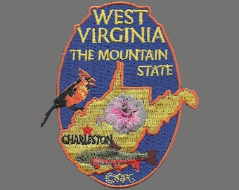 West Virginia Travel Patch WV Souvenir Iron On Embellishment or Applique 3" The Mountain State Brook Trout Rhododendron Northern Cardinal