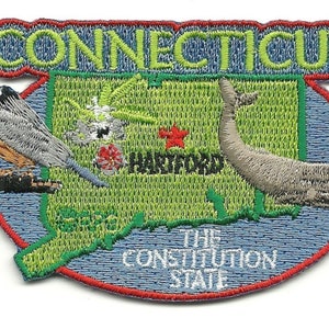 May include: Embroidered patch featuring a green outline of the state of Connecticut with the words "The Constitution State" and "Hartford" inside. The patch also features a robin, a whale, and the words "Connecticut" in a green and yellow arc.