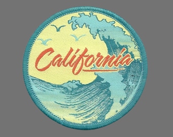 California Patch – CA Waves Birds Souvenir – Travel Iron On Applique CO Patch Embellishment 2.5" Circle Woven Badge Emblem