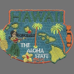May include: Embroidered patch featuring a map of Hawaii with the text "HAWAII THE ALOHA STATE" and a hula dancer. The patch is blue, green, yellow, and orange.