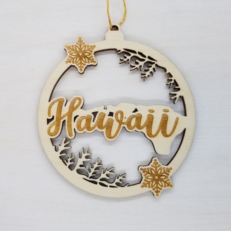 Hawaii Wood Ornament - HI State Shape With Snowflakes Cutout - Handmade ...