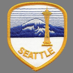 Seattle Patch – Space Needle – Mt Rainier Washington WA Patch Iron On Yellow and Blue Shield Travel Patch Souvenir Embellishment Applique