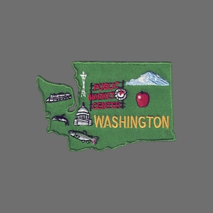 Washington Patch – WA State Shape - Washington Souvenir – Washington Map Travel Patch Mt Rainier Capitol Ferry Space Needle Fish