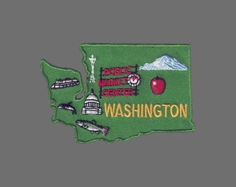 Washington Patch – WA State Shape - Washington Souvenir – Washington Map Travel Patch Mt Rainier Capitol Ferry Space Needle Fish