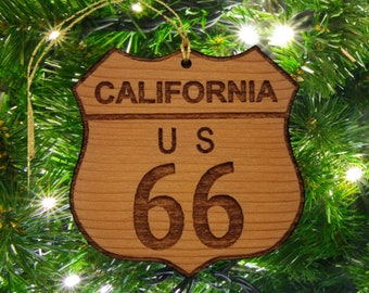 Route 66 Ornament California Christmas Road Sign Laser Cut Handmade Wood Ornament Made in USA Travel Souvenir