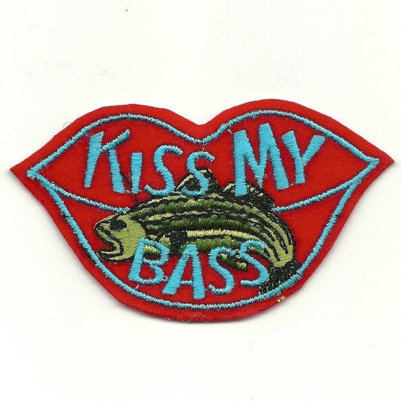 Fishing Patch Kiss My Bass Humor Iron on Patch Red Kiss Lips With