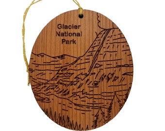 Glacier National Park Ornament - Kintla Lake Mountains Trees - Handmade Wood Line Drawing - Montana Souvenir Christmas Travel Gift