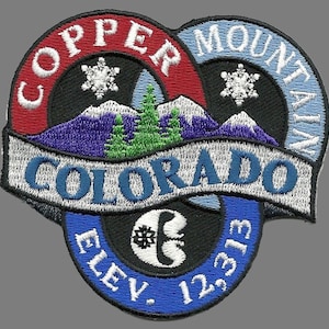 May include: Embroidered patch with a blue, white, and red design. It features the words "Copper Mountain Colorado" and "Elev. 12,313".