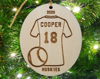 Baseball Wood Ornament, Custom Baseball Jersey and Ball Sports Ornament, Baseball Player Gift, Engraved Ornament, Personalized Made in USA