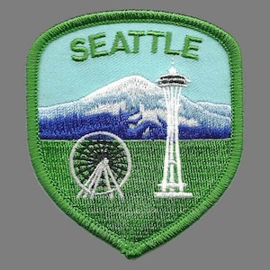 Seattle Patch – Space Needle – Mt Rainier Washington Ferris Wheel WA Patch Iron On Green and Blue Shield Travel Patch Souvenir Applique