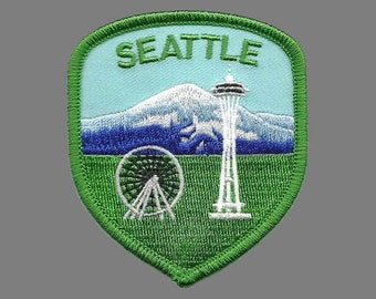 Seattle Patch – Space Needle – Mt Rainier Washington Ferris Wheel WA Patch Iron On Green and Blue Shield Travel Patch Souvenir Applique