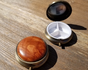 Handmade Pill Box 3 Sections Redwood Top California Burl #399 Souvenir Memento Rustic Antique Bronze