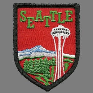 Seattle Patch – Space Needle – Mt Rainier Washington WA Patch Iron On Red Black Shield - Souvenir Travel Patch
