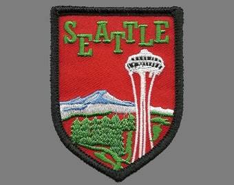 Seattle Patch – Space Needle – Mt Rainier Washington WA Patch Iron On Red Black Shield - Souvenir Travel Patch