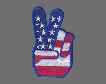 Fingers Peace Sign Patch USA Flag Stars and Stripes Patriotic Applique Iron On