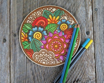 Color Your Own Wood Art ONLY DIY - Wood Trivet - Coloring Project - Craft Supply - Adult Craft Project - Kids Crafts Floral Relaxation Gift