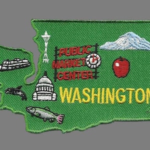 Washington Aufnäher - WA State Form - Washington Souvenir - Washington Map Travel Patch Mt Rainier Capillo Ferry Space Needle Fish