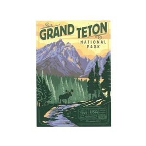 Grand Teton National Park Carte postale Montagnes Moose Trees Design rétro 4x6 Wyoming - Idéal pour l'artisanat - Découpage - Scrapbooking Supply