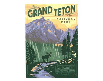 Grand Teton National Park Carte postale Montagnes Moose Trees Design rétro 4x6 Wyoming - Idéal pour l'artisanat - Découpage - Scrapbooking Supply
