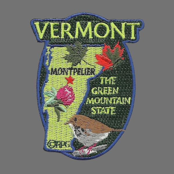 Vermont State Travel Patch VT Souvenir Iron On Embellishment or Applique 3" The Green Mountain State Maple Leaves Hermit Thrush Red Clover