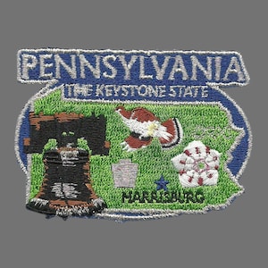 May include: Embroidered patch featuring the state of Pennsylvania, with the text "Pennsylvania The Keystone State" and an outline of the state with the Liberty Bell, a Ruffed Grouse, a star, and a  "Harrisburg" inscription.