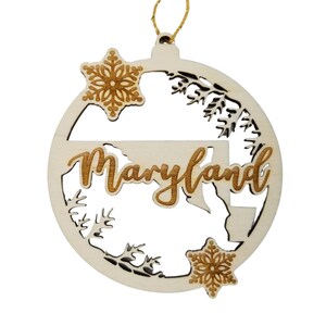 Maryland Wood Ornament -  MD State Shape with Snowflakes Cutout - Handmade Wood Ornament Made in USA Christmas Decor