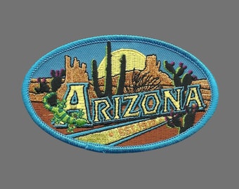 Arizona Patch – Gecko Cactus Rock Formations Sun – Travel Patch AZ Souvenir Applique AZ State 3" Iron On Oval Grand Canyon State