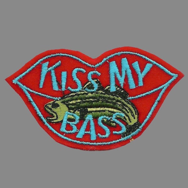 Fishing Patch – Kiss My Bass – Humor Iron on Patch – Red Kiss Lips with a Fish – Play on Words – Fishing Patch – Sarcasm