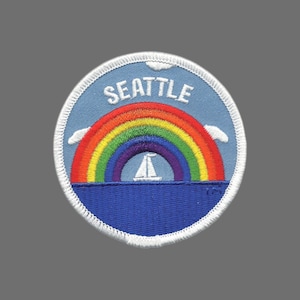 Seattle Patch – Rainbow and Sailboat – Washington Souvenir Iron On Patch – WA Souvenir Circle 3″