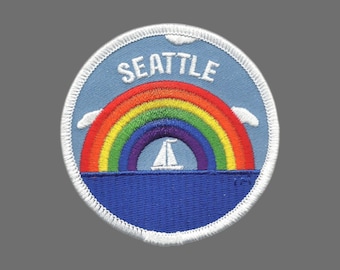 Seattle Patch – Rainbow and Sailboat – Washington Souvenir Iron On Patch – WA Souvenir Circle 3″
