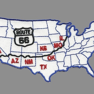 Route 66 Patch USA Map Souvenir United States Shaped Hwy Sign Iron On Applique - Travel Patch - Route 66 Souvenir