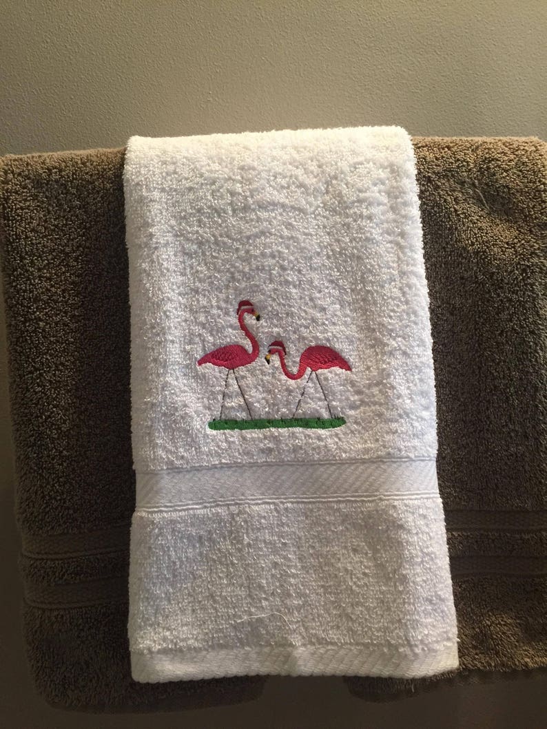 Embroidered White Hand Towel Flamingo Christmas Beach Etsy