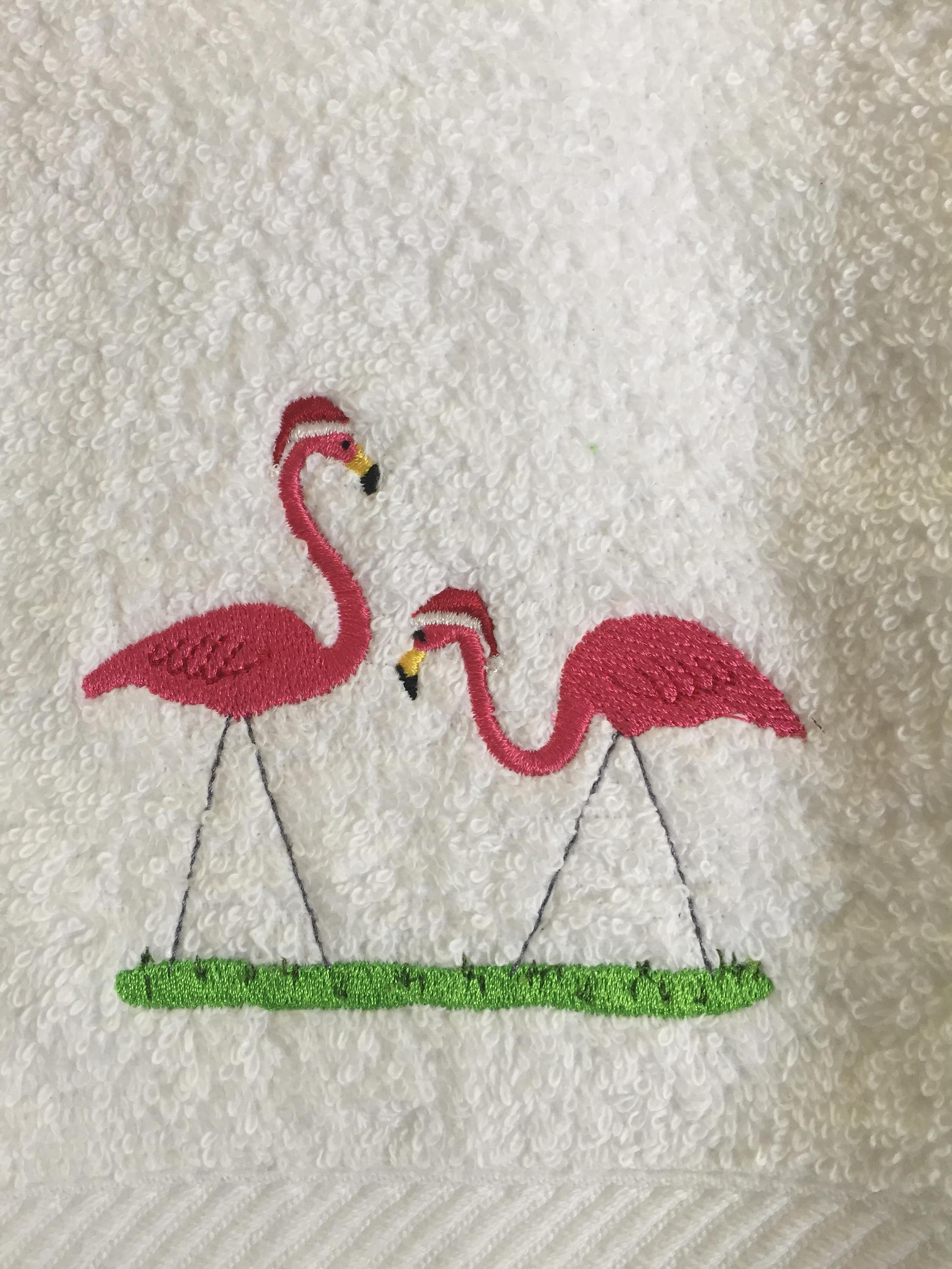 Embroidered White Hand Towel Flamingo Christmas Beach Etsy