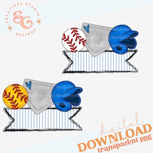 Pode incluir: Um download digital de um gráfico temático de beisebol com um capacete de beisebol azul, uma bola de beisebol vermelha e branca e um home plate cinza. O gráfico está em uma faixa listrada azul e branca com contornos pretos.