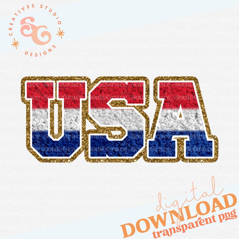 Puede incluir: USA en letras doradas con purpurina con un dise&ntilde;o de bandera estadounidense roja, blanca y azul. Las letras est&aacute;n delineadas en oro.
